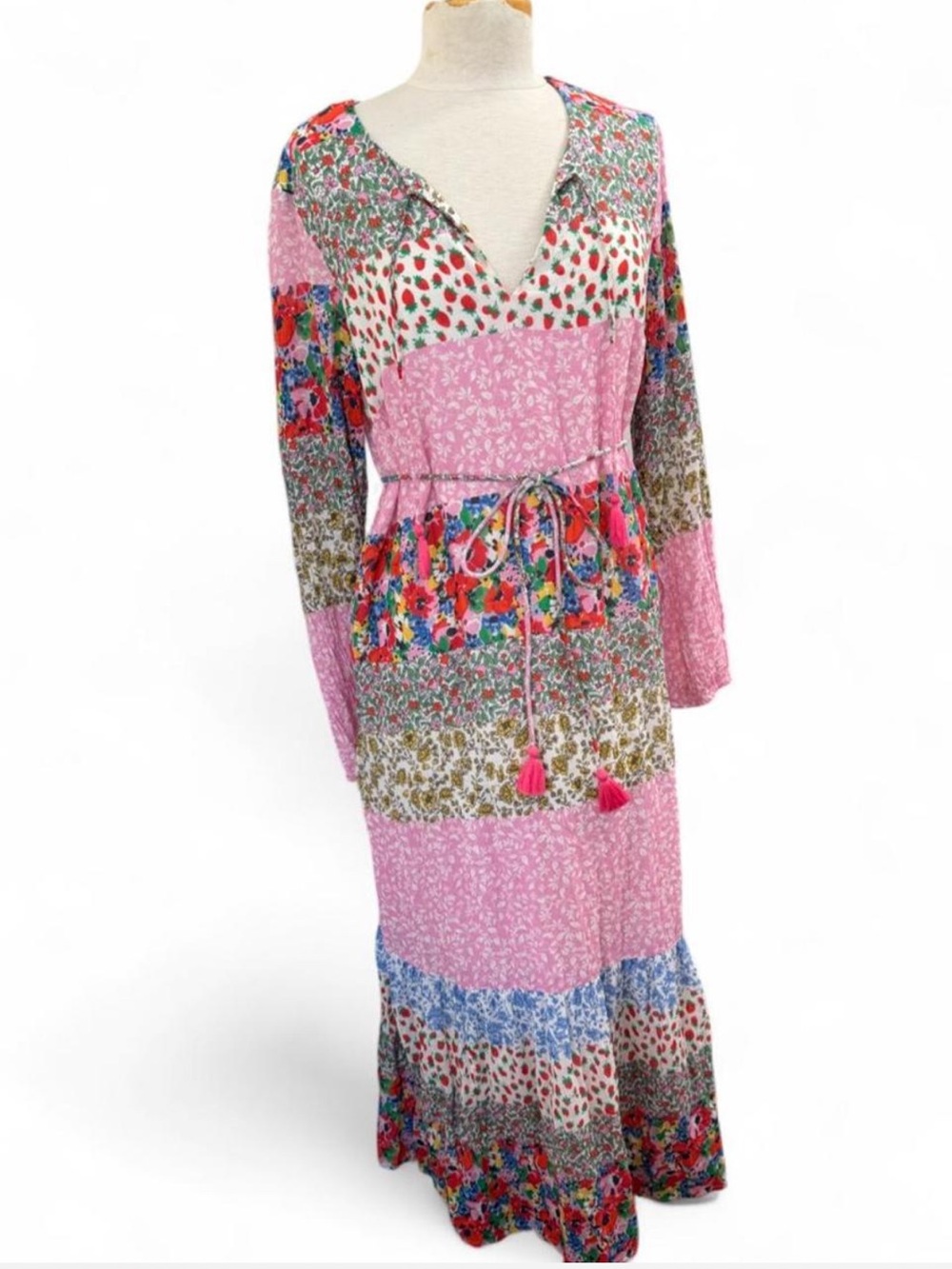 Boden Mixed Floral Strawberry Patchwork Tiered Cotton Maxi Dress